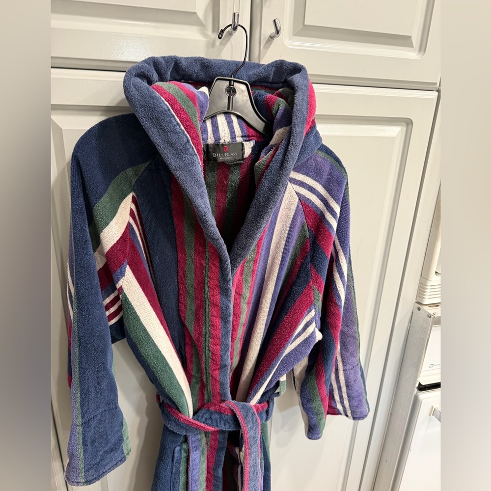 BILL BLASS Terry Cloth Vintage Striped Hooded Bathrobe belt & pockets 3/4 sleeve - Picture 12 of 15